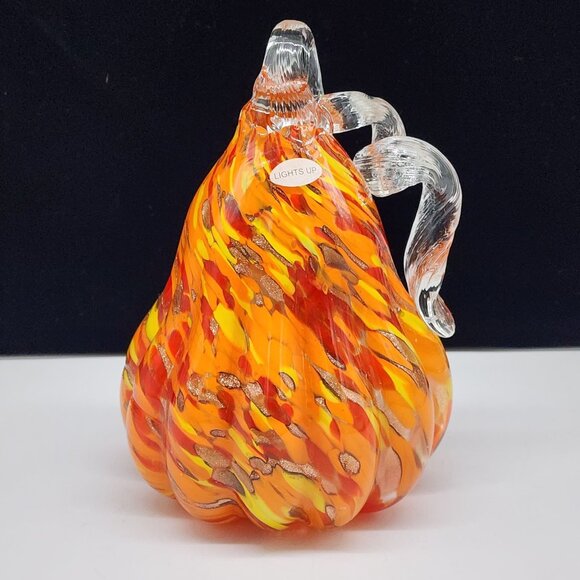 Hand Blown Glass Pumpkin Lamp With Handle & Bright Orange Fall Colors 8" Tall - Picture 1 of 10